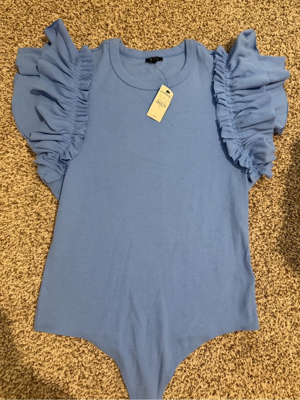 NWT EXPRESS Ruffled Sleeve Light Blue Women's THONG Bodysuit Top
